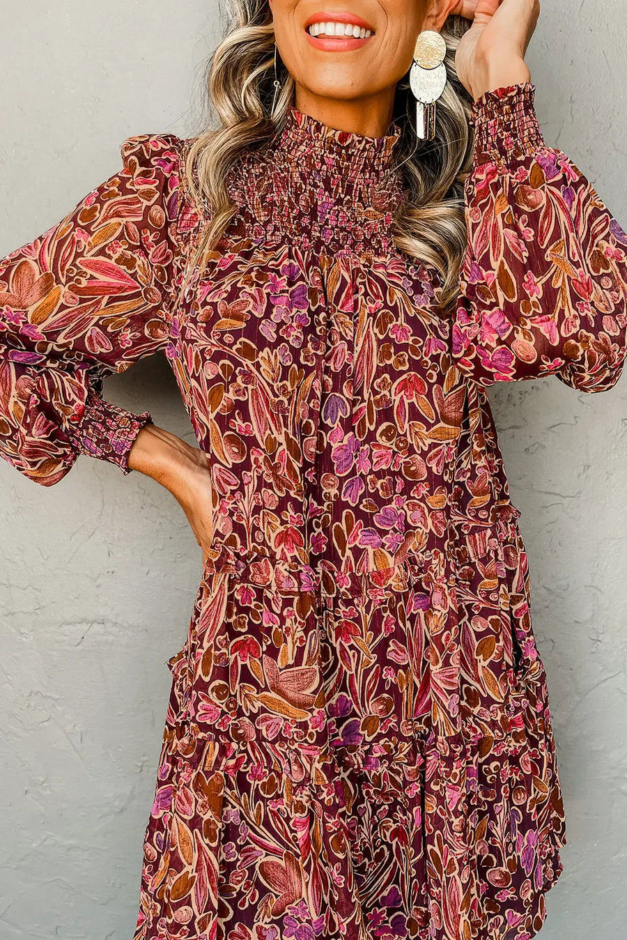 Red Floral Long Sleeve Shirred High Neck Mini Dress Women UK — front view