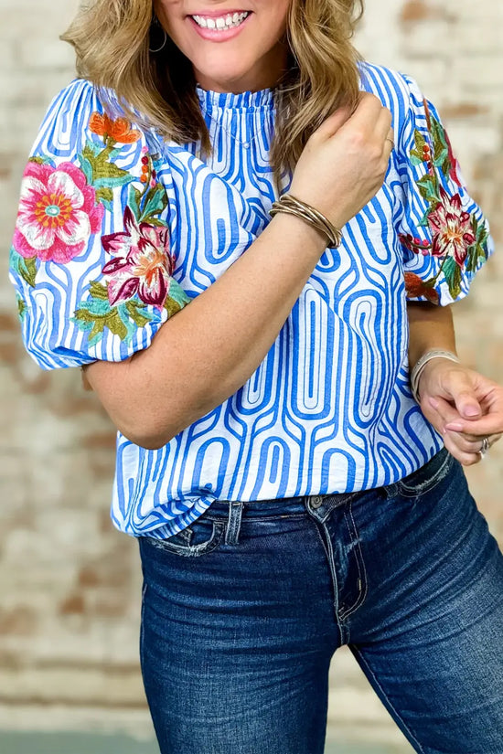 Geometric Print Floral Embroidered Puff Sleeve Blouse