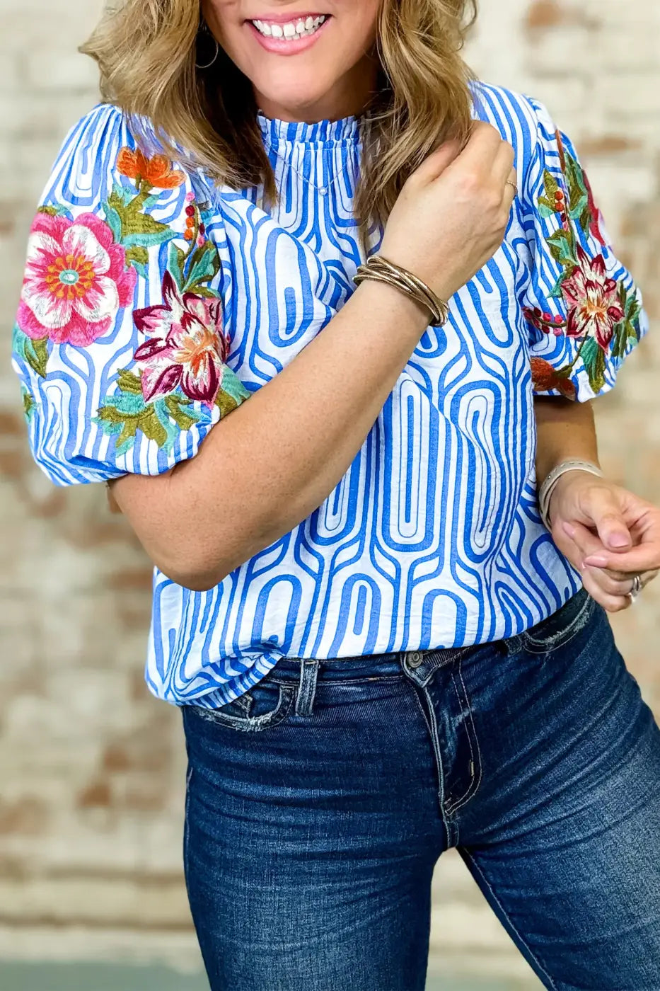 Geometric Print Floral Embroidered Puff Sleeve Blouse
