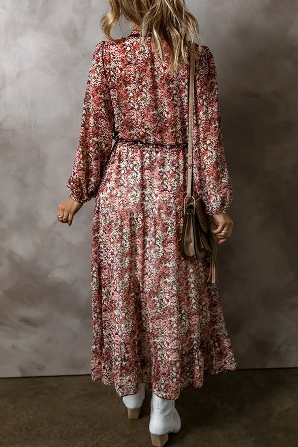 Brown Floral Split Front Tiered Frilled V Neck Midi Dress Women UK