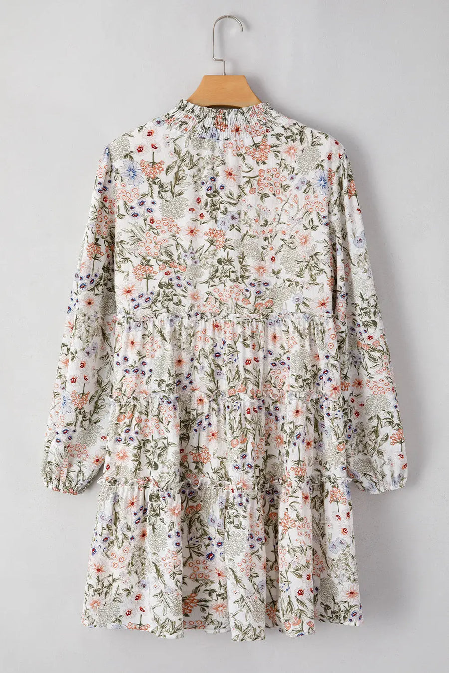 Green Floral Tiered Shirred Mock Neck Mini Dress Women UK