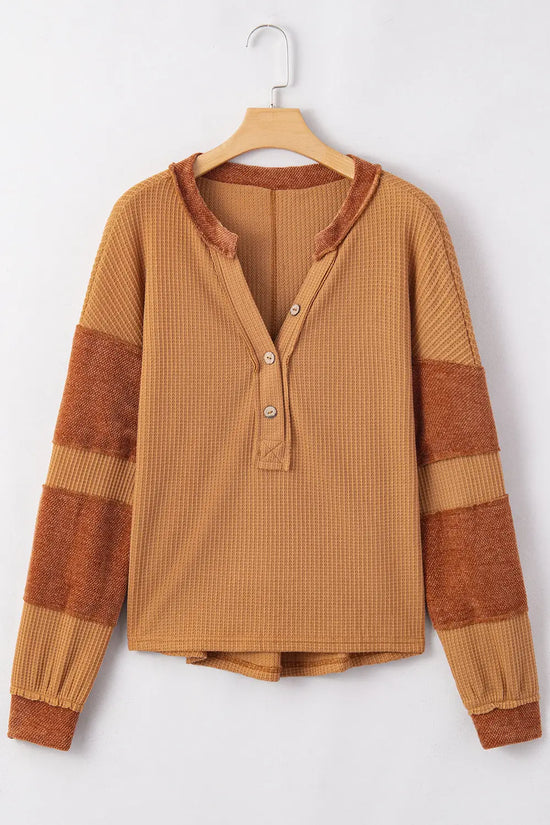 Contrast waffle knit henley top clothing tops