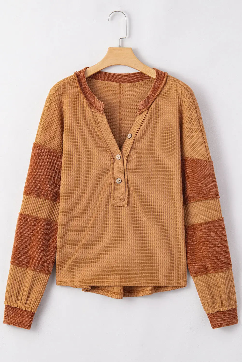 Contrast waffle knit henley top clothing tops