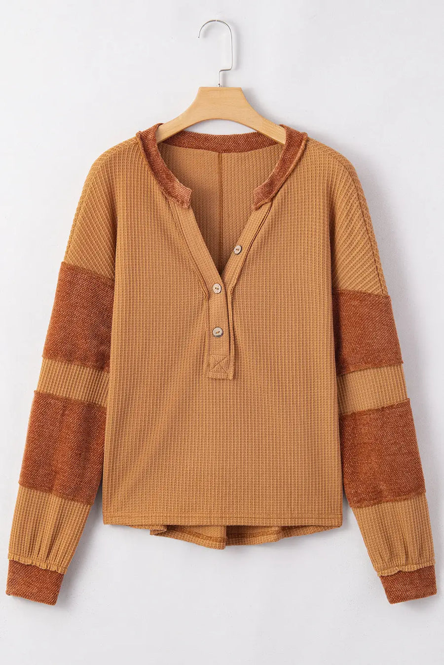 Contrast waffle knit henley top clothing tops