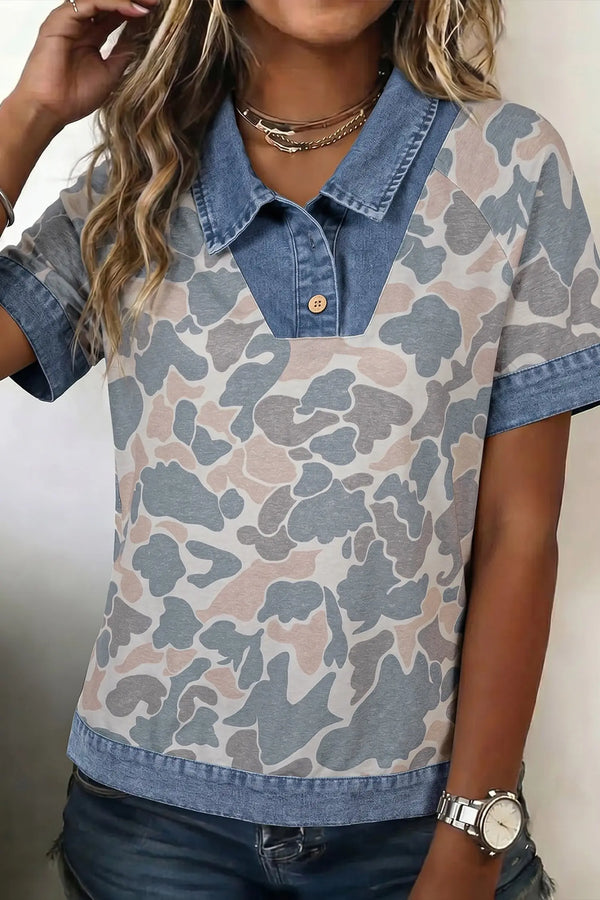 Multicolour camouflage denim patchwork polo collar tee front view — Fashionfitz UK