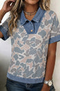Multicolour camouflage denim patchwork polo collar tee front view — Fashionfitz UK