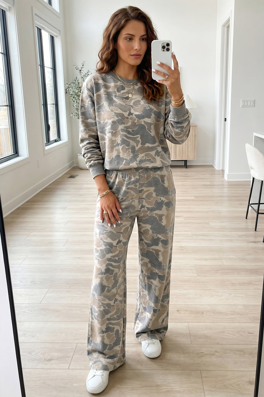 Camo Print Long Sleeve Top Wide Leg Pants Set Women UK
