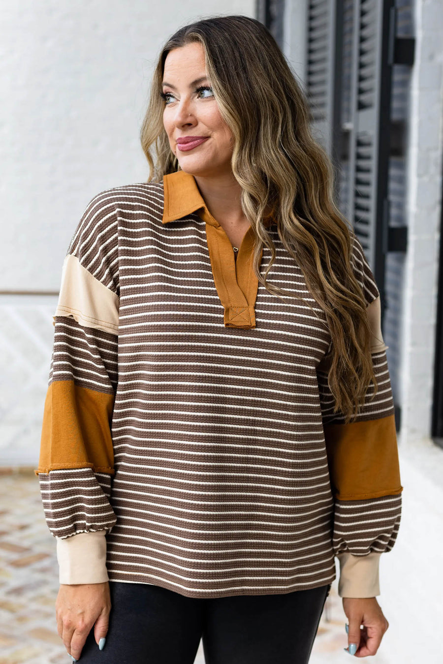 Stripe Colorblock Collar V Neck Plus Size Long Sleeve Top UK