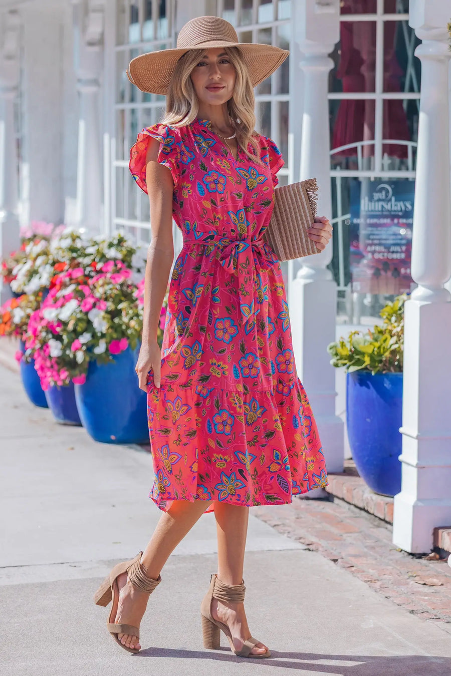 Rose flutter sleeve belted floral long midi dress