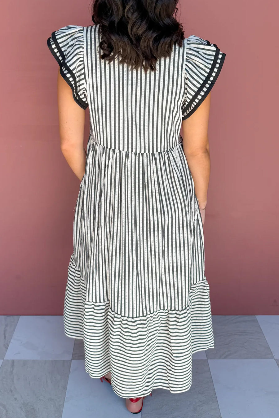 Stripe Slit V Neck Tiered Flutter Sleeve Plus Size Maxi Dress UK