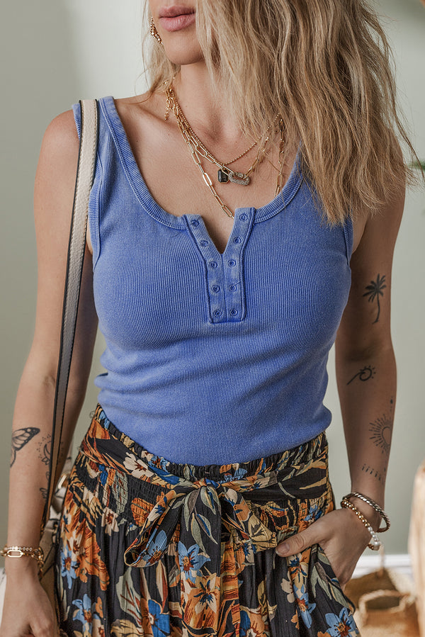 Sky Blue Mineral Wash Ribbed Notch Neck Tank Top Women UK