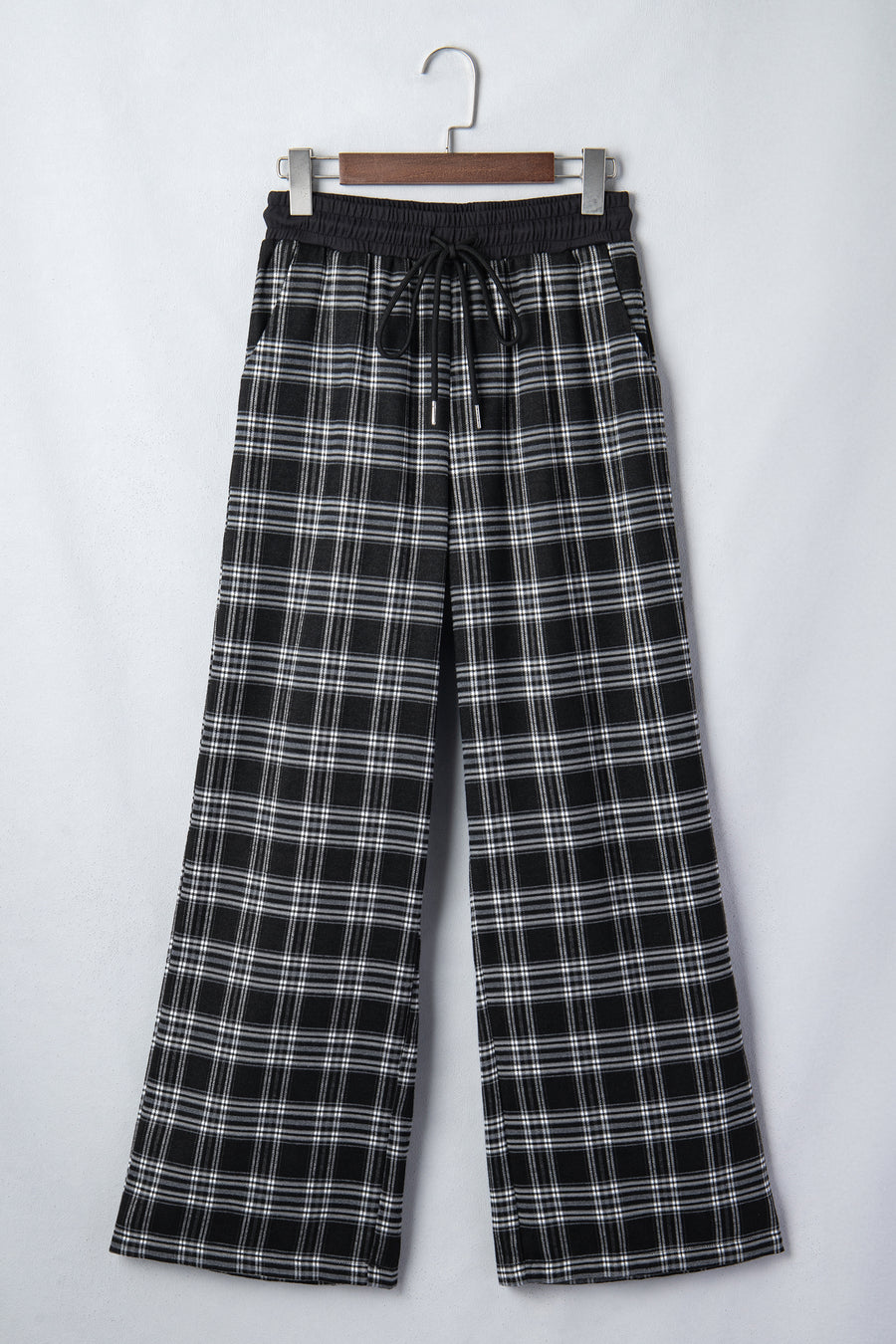 Plaid Contrast Drawstring Waist Wide Leg Trousers