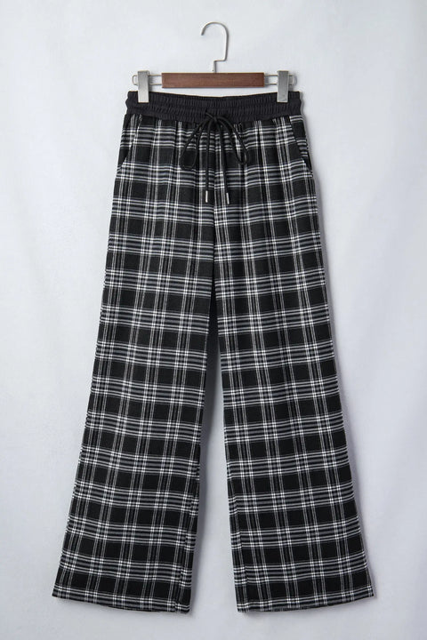 Plaid contrast drawstring waist wide leg trousers front view — Fashionfitz UK