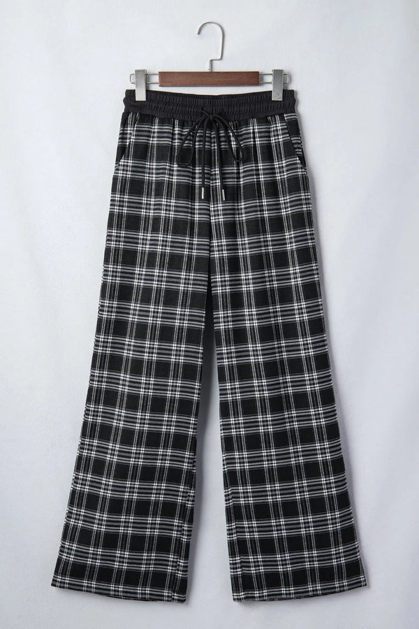 Plaid Contrast Drawstring Waist Wide Leg Trousers — front view | Fashionfitz UK