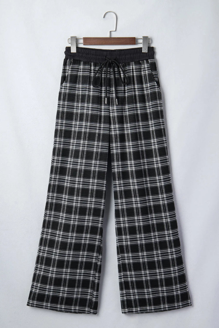 Plaid contrast drawstring waist wide leg trousers front view — Fashionfitz UK