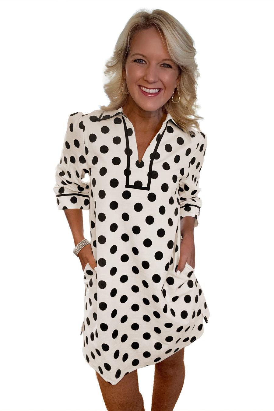 Polka dot collar pocketed mini dress — flat lay showing full garment