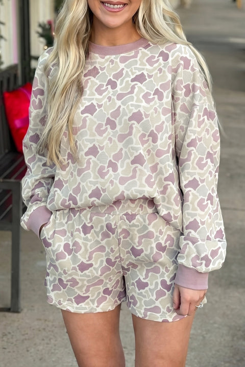 Camo Waffle Knit Long Sleeve Top Shorts Set Women UK