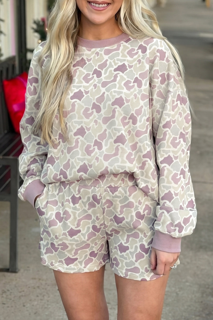 Camo Waffle Knit Long Sleeve Top Shorts Set Women UK