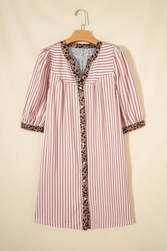 Stripe leopard patchwork shirt dress bracelet sleeve button down mini dresses