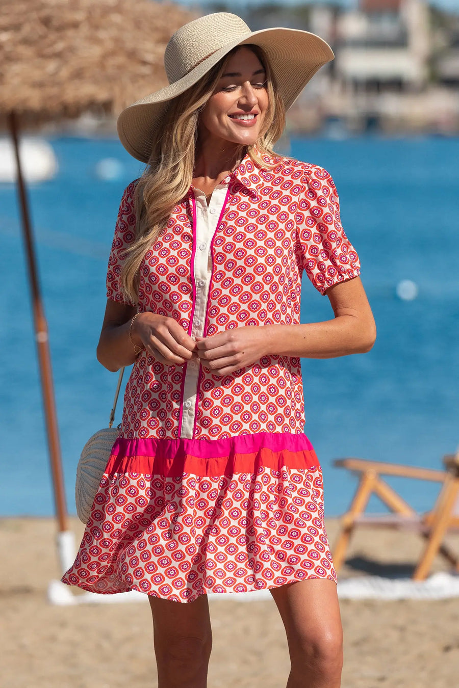 Orange Geometric Floral Color Block Trim Button Front Dress Women UK — close-up detail