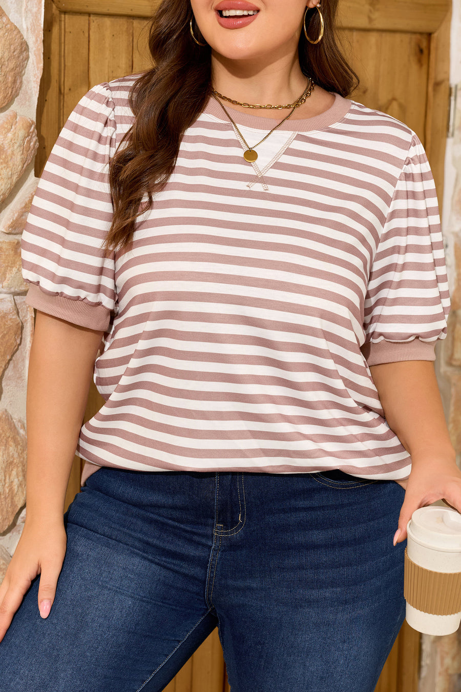 Stripe Ribbed Trim Round Neck Puff Sleeve Plus Size Tee Women UK