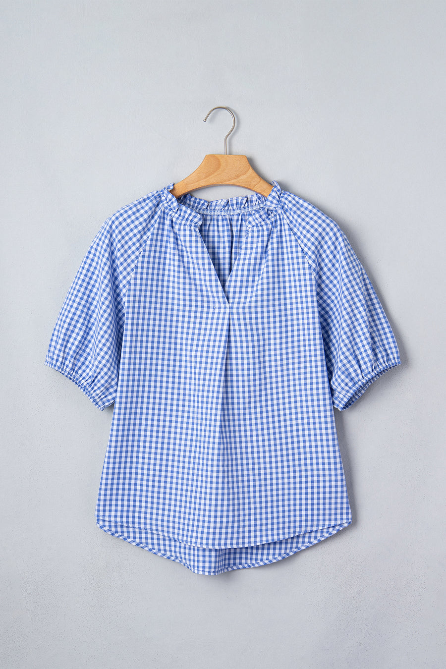 Summer Plaid V-Neck Puff Sleeve Blouse Women UK