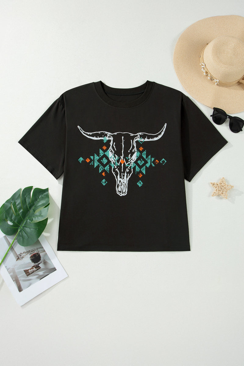 Grey western Aztec bull skull plus size tee — side view