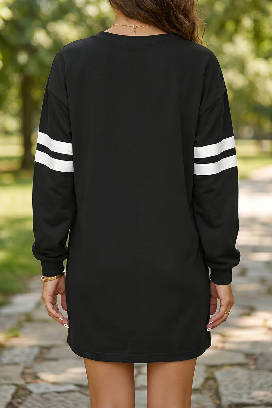 Varsity Contrast Banded Sleeve Sweatshirt Dress Mini Shift with Pockets — side view | Fashionfitz UK