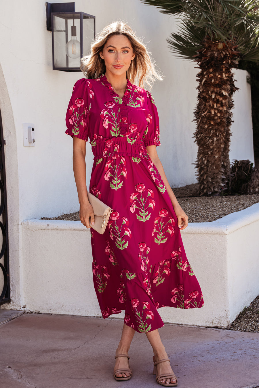 Red Floral Frilled V Neck Short Sleeve Ruffle Hem Maxi Dress Women UK — front view