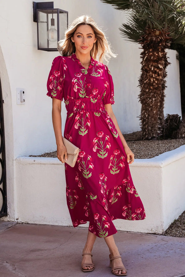 Red Floral Frilled V Neck Short Sleeve Ruffle Hem Maxi Dress Women UK — front view