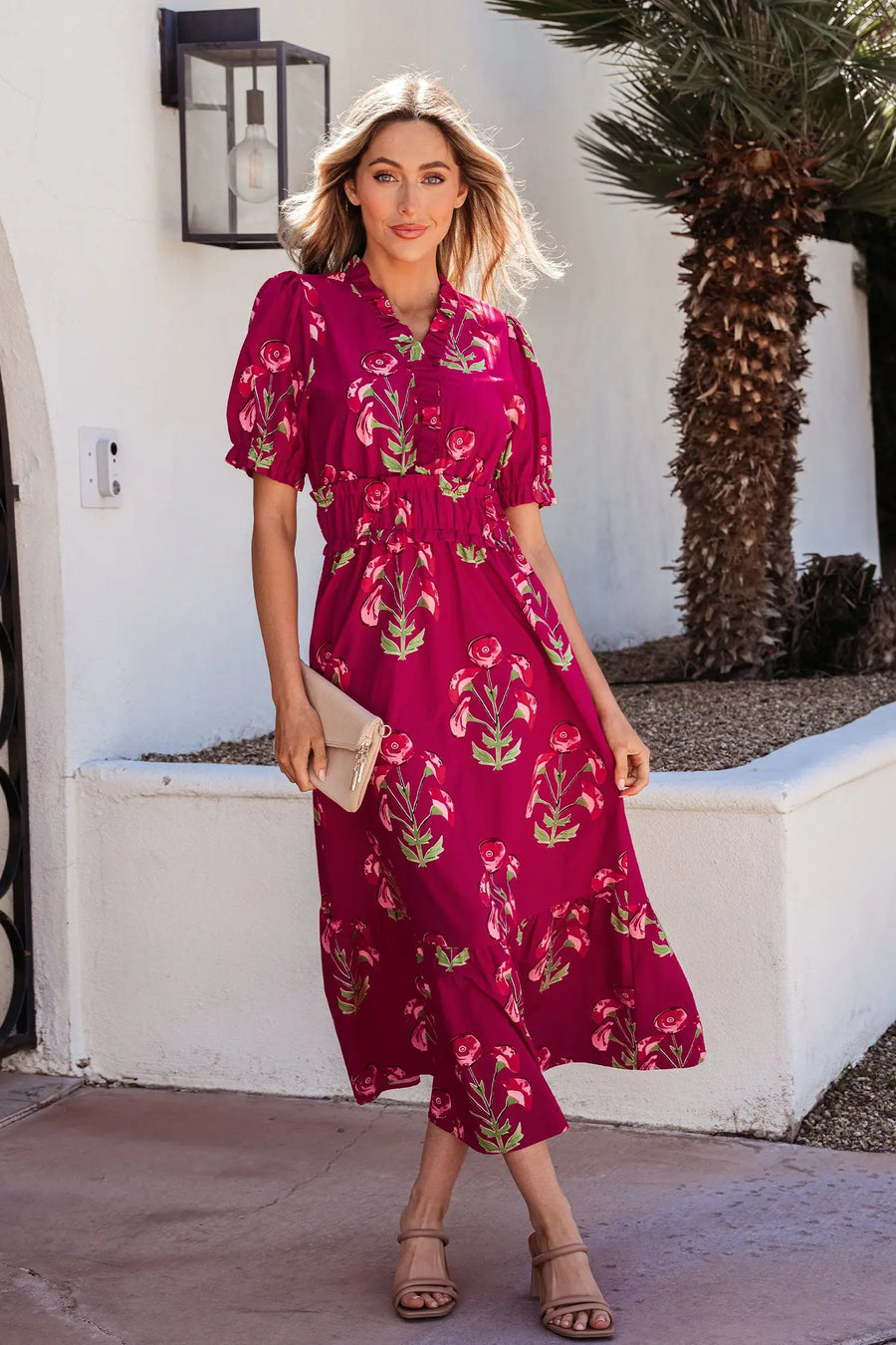 Red Floral Frilled V Neck Short Sleeve Ruffle Hem Maxi Dress Women UK — front view