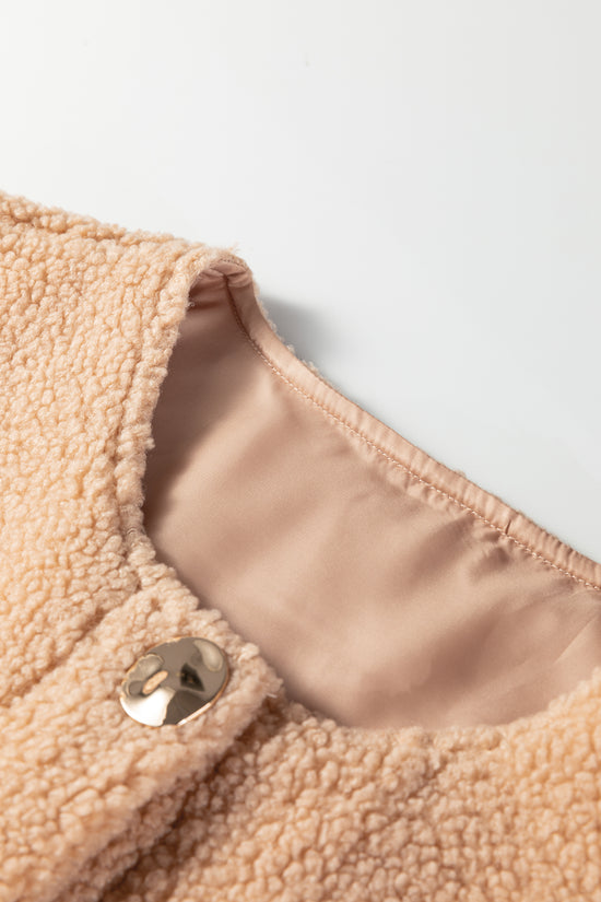 Ladies Beige Fuzzy Fleece Gilet with Big Button Accent