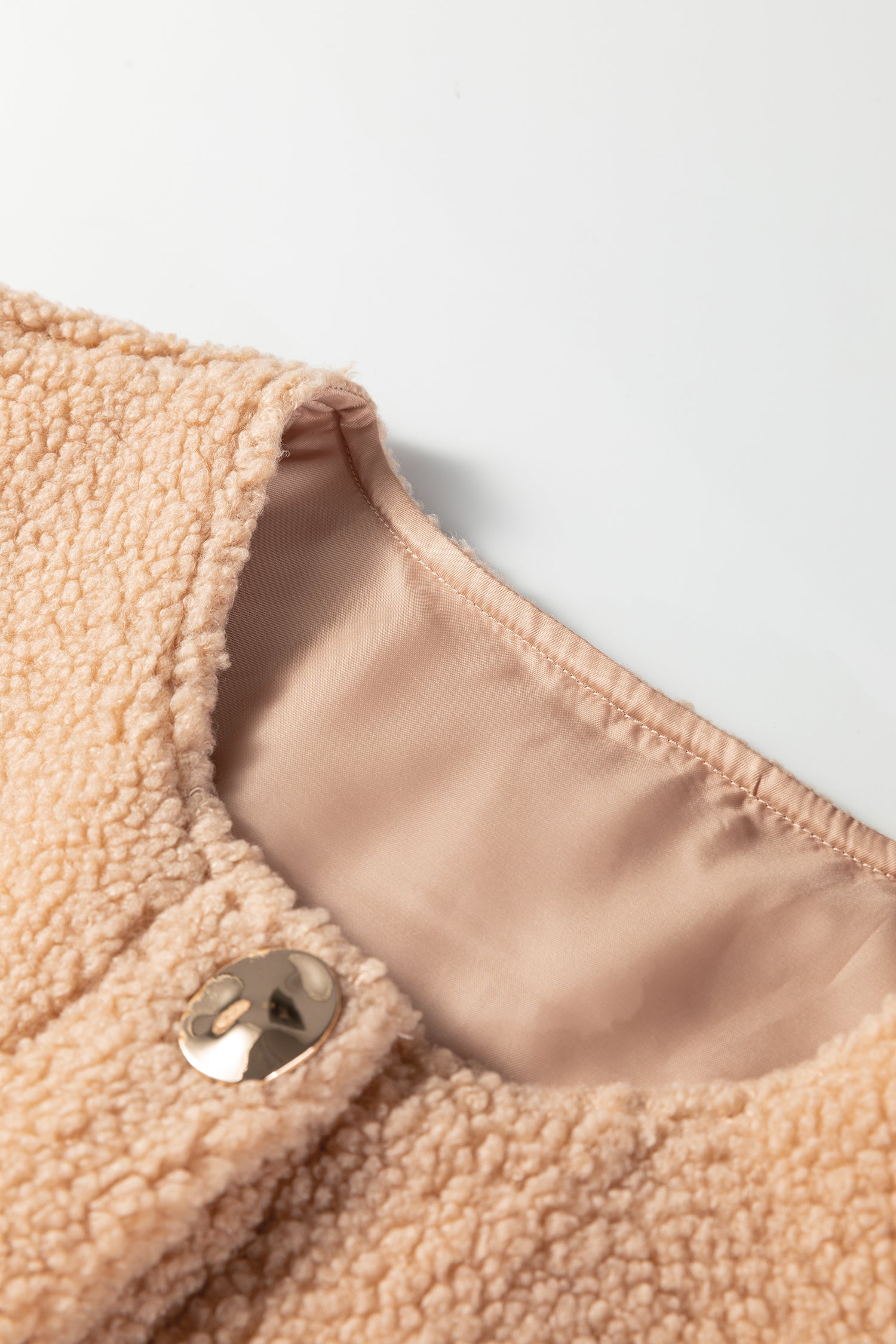 Ladies Beige Fuzzy Fleece Gilet with Big Button Accent