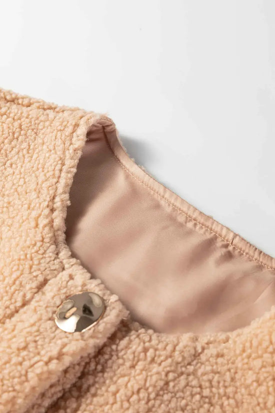 Ladies Beige Fuzzy Fleece Gilet with Big Button Accent