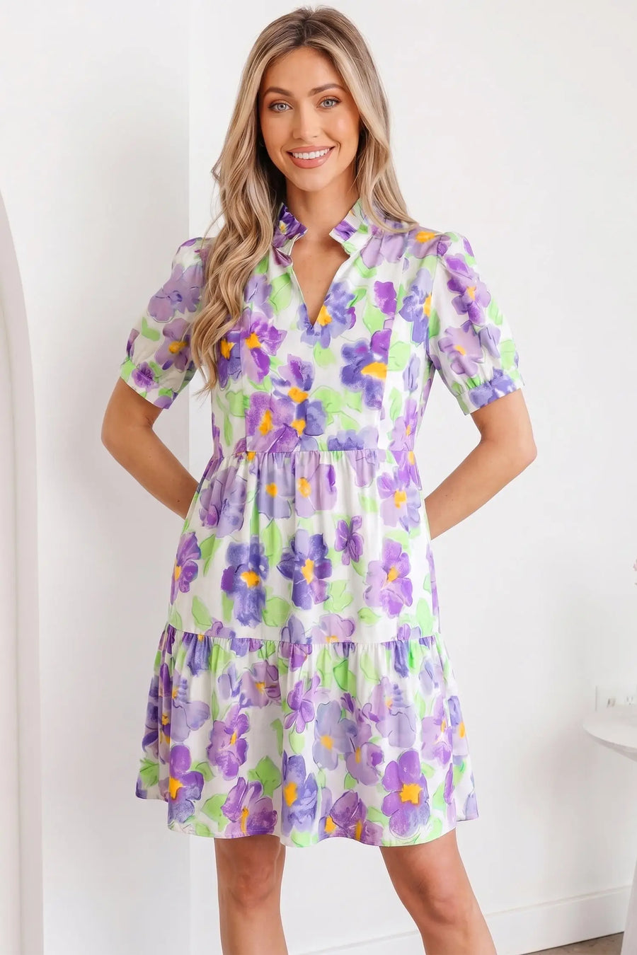 Purple Floral V Neck Short Sleeve Tiered Ruffle Mini Dress Women UK