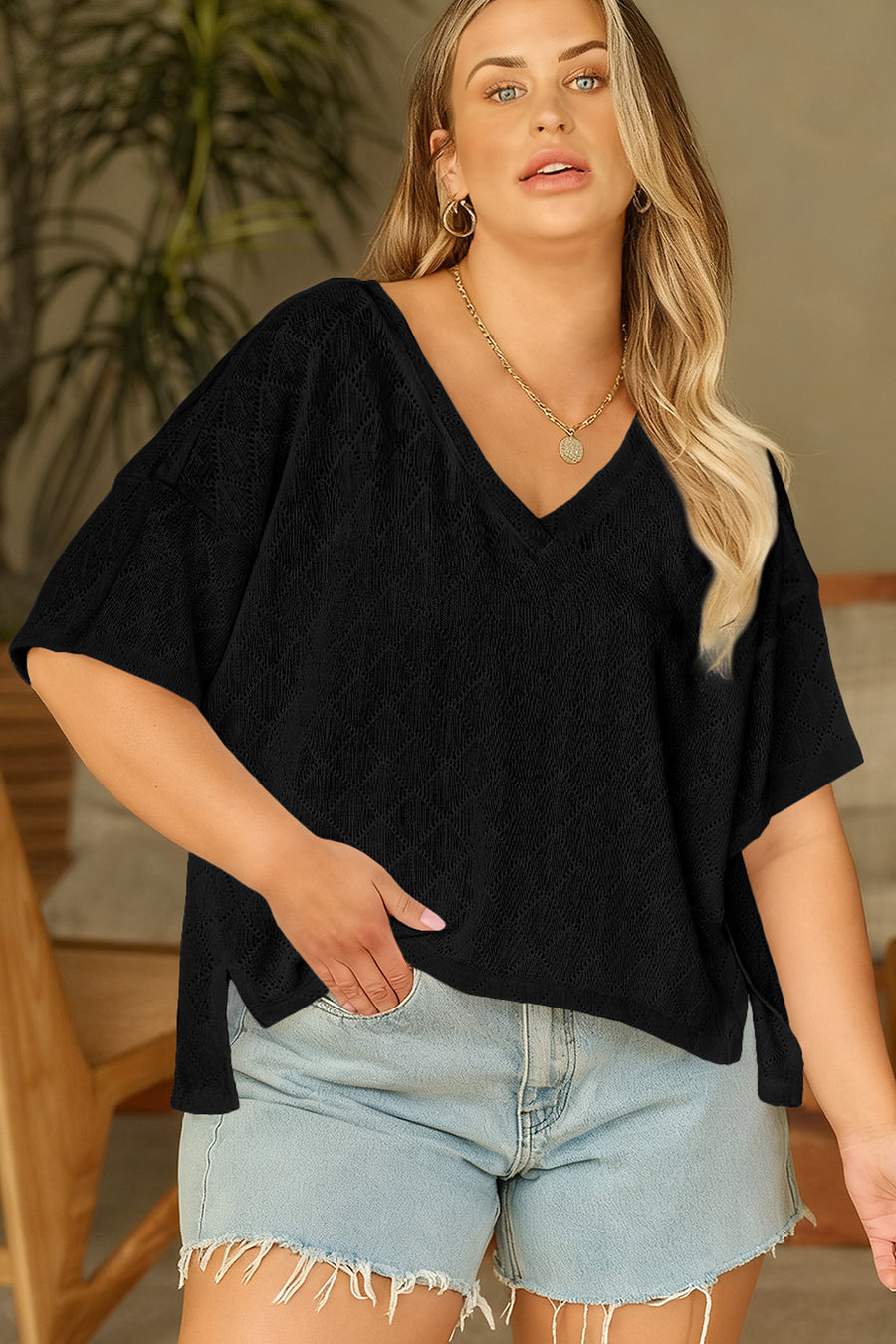 Pointelle Rhombus Knit V Neck Loose Plus Size Top Women UK