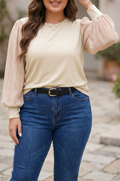 Parchment Polka Dot Long Sleeve Round Neck Plus Size Blouse Women UK