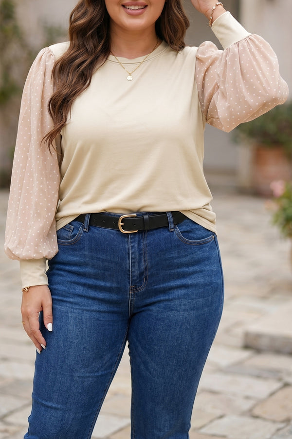 Parchment Polka Dot Long Sleeve Round Neck Plus Size Blouse Women UK
