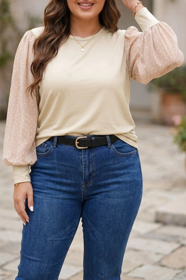 Parchment Polka Dot Long Sleeve Round Neck Plus Size Blouse Women UK