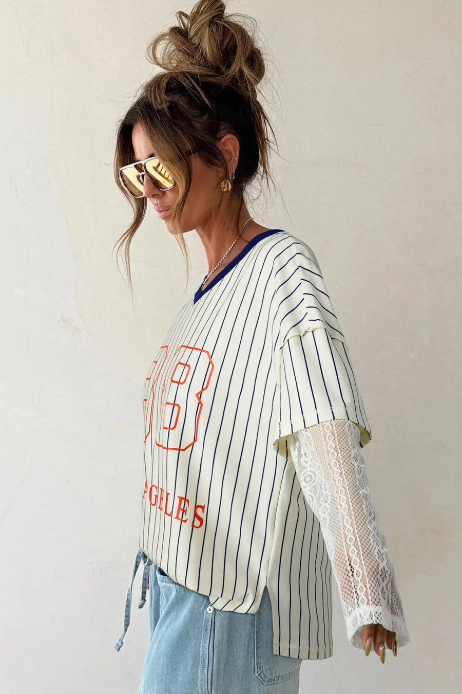 Blue Stripe 88 LOS ANGEL Lace Patchwork V Neck Top Women UK