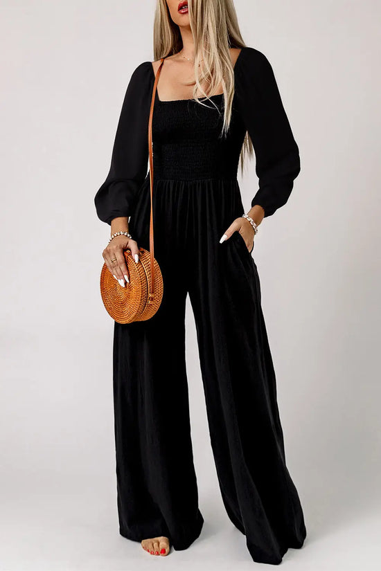 Close-up of smocked bodice and square neckline detail on wide leg jumpsuit Fashionfitz UK