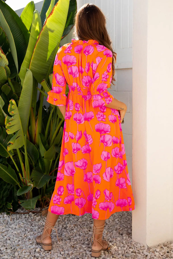 Orange Floral Frilly Smocked V Neck 3/4 Sleeve Maxi Dress Women UK — back view