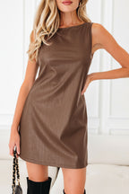 Brown Faux Leather Sleeveless Mini Dress
