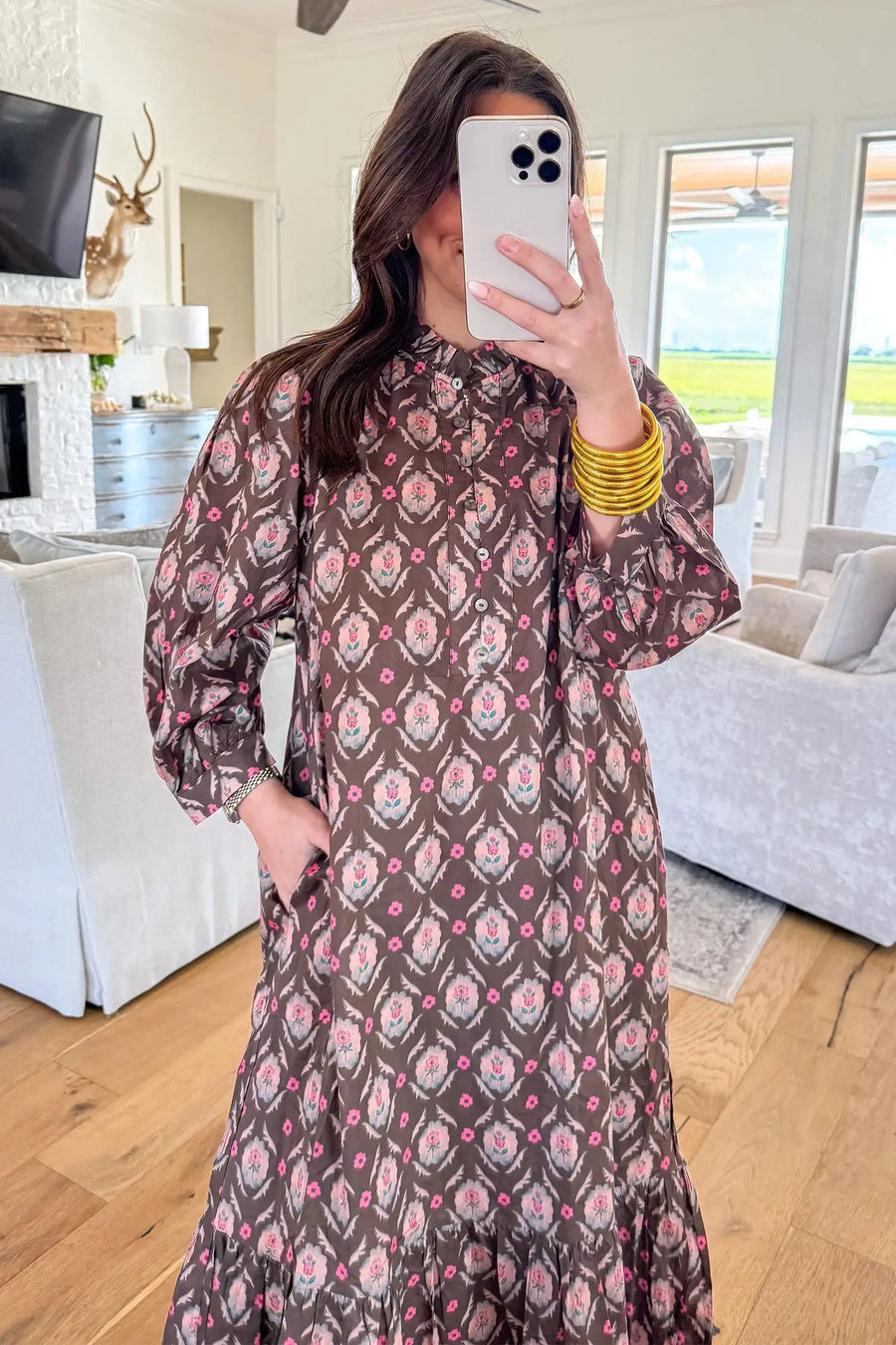 Brown Floral Print Button Front Ruffle Hem Midi Dress Women UK