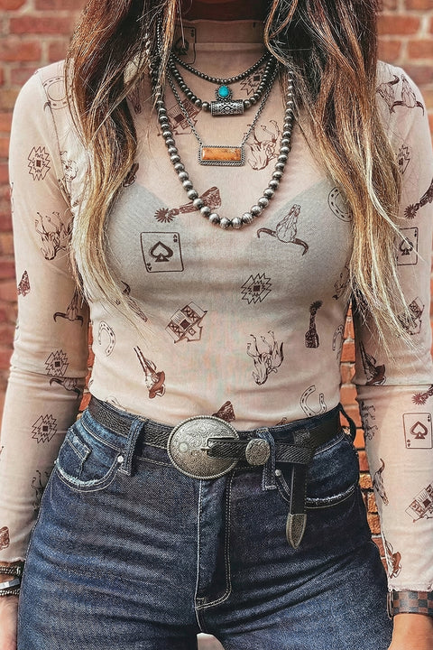 Western Print Mesh Mock Neck Slim Top Long Sleeve High Stretch