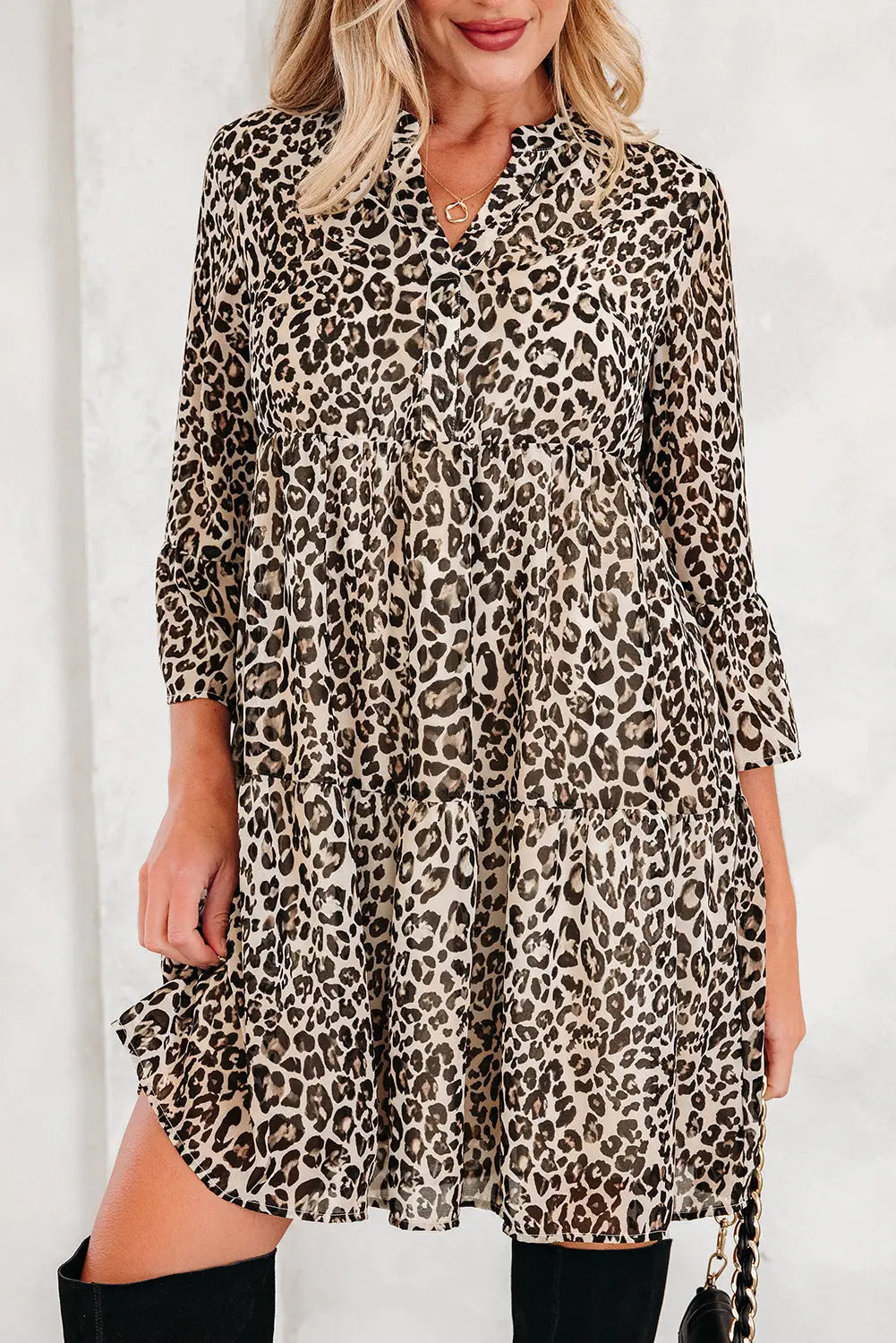 Khaki leopard v neck 3/4 sleeve mini swing dress