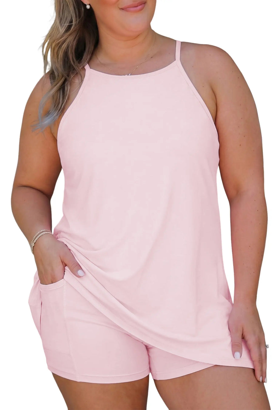 Plus size built-in shorts dress side view showing smooth polyamide silhouette — Fashionfitz UK