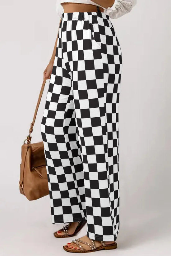 Red 2-tone checked print high waist wide leg pants