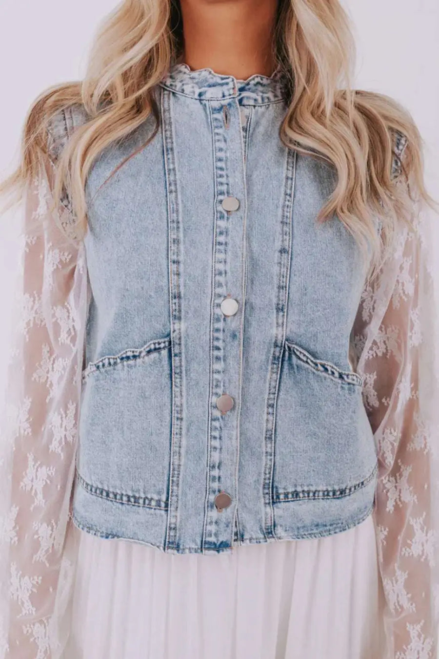 Beau blue scallop‑trim denim waistcoat vests