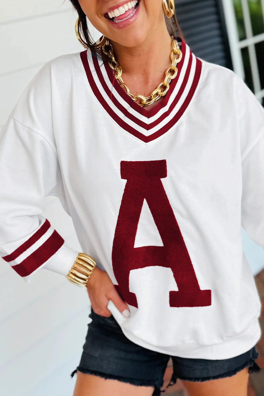 Dark Blue Color Block Flower Embroidered Patch Raglan Tee Women UK